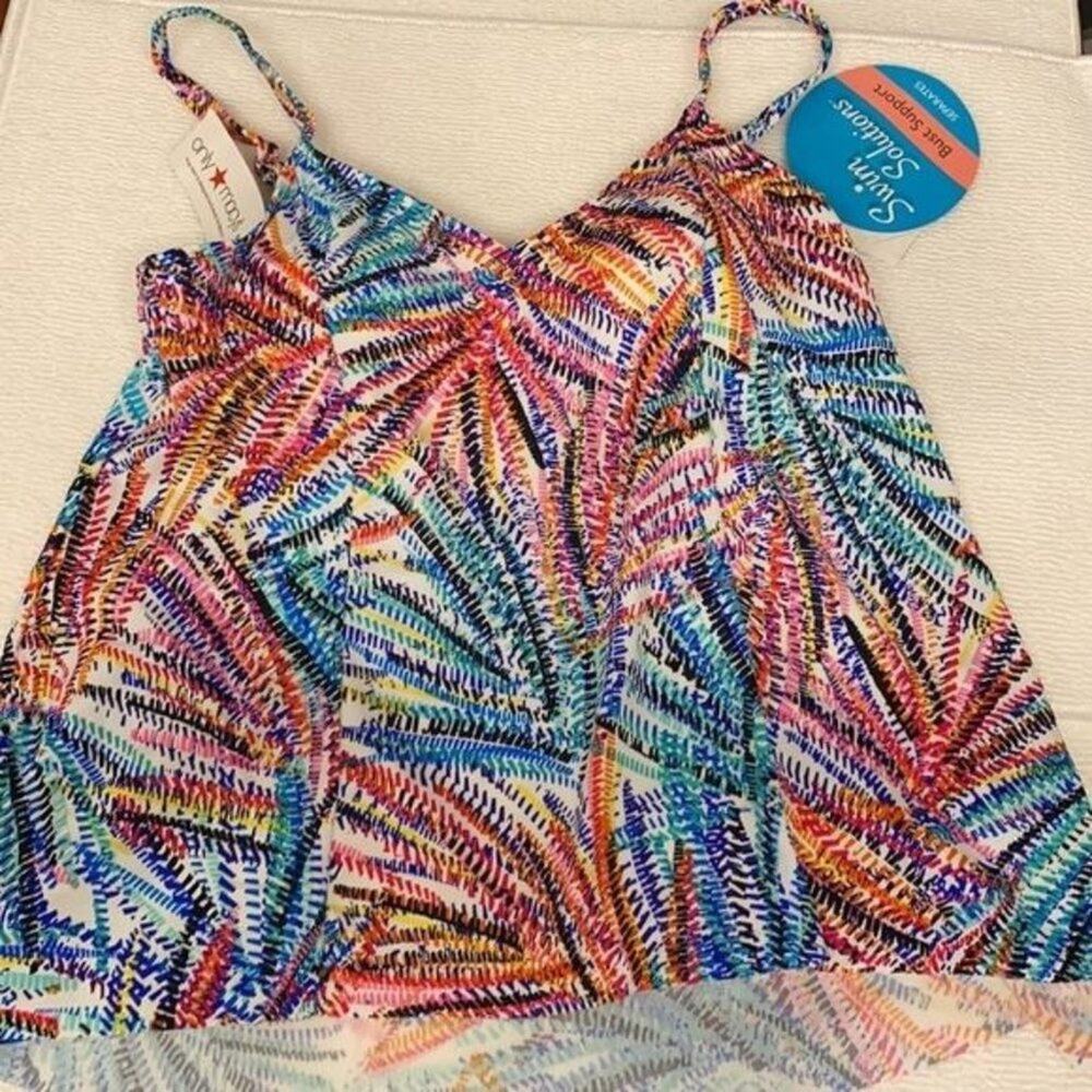 Swim Solutions Swim Top Multi Color Palm Leaves Tropical V-neck Modest Padded  8